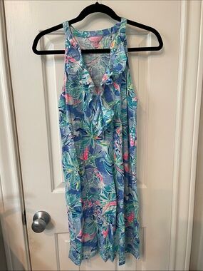 Lilly Pulitzer Sleeveless Tropical Print Ruffle V-Neck Dress - Blue & Teal
